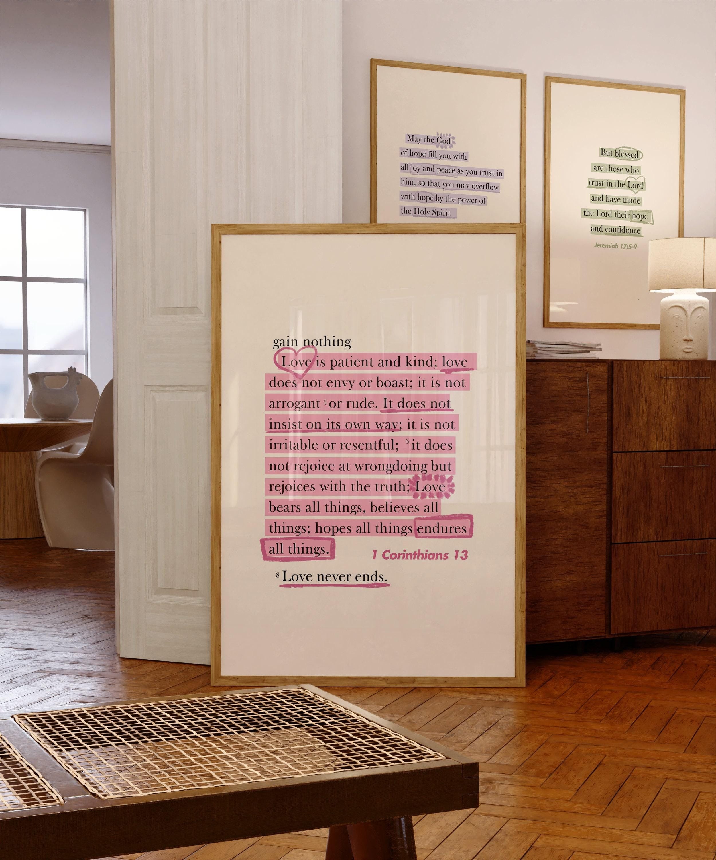 Set of 3 Bible Verse Poster, Scripture Print, Jesus Quote Art Print, Christian Gift For Her Corinthians Script